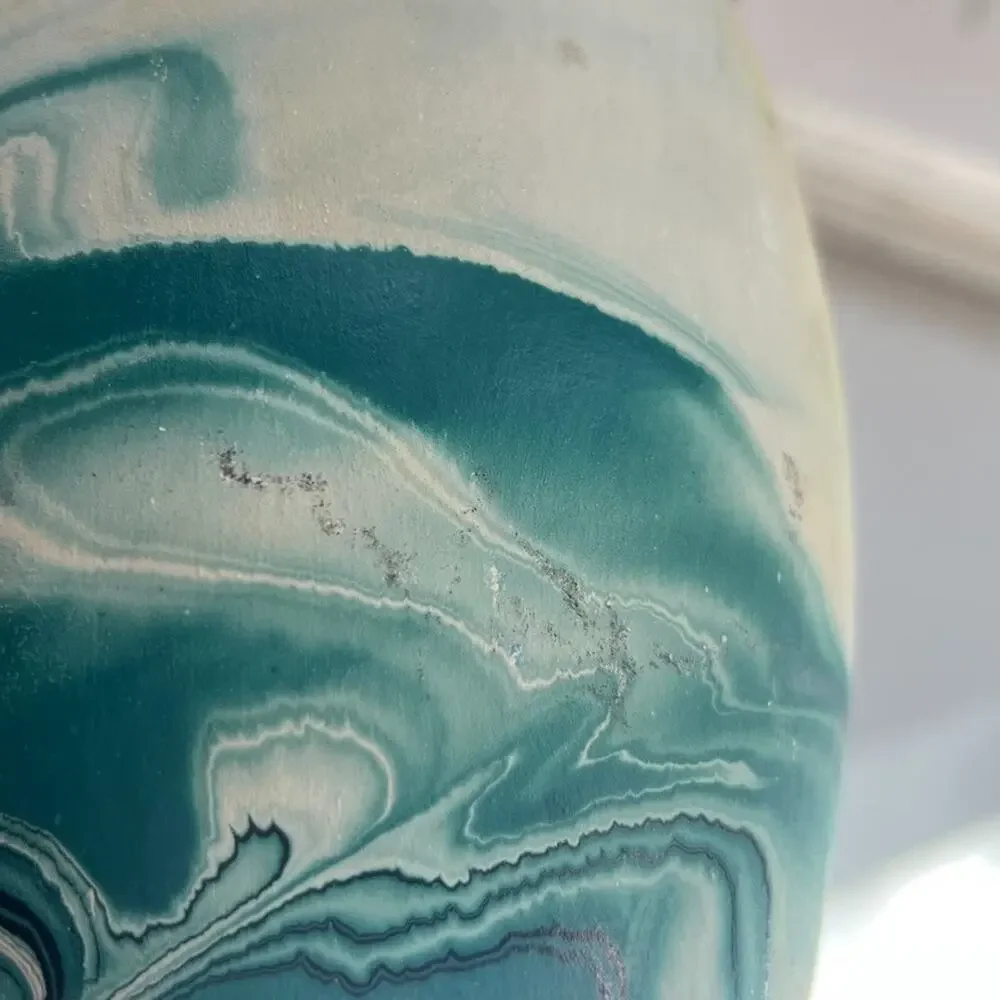Nemadji Vase Pottery 6.5 x 5 in Round Ivory & Blue Swirl Hand Painted